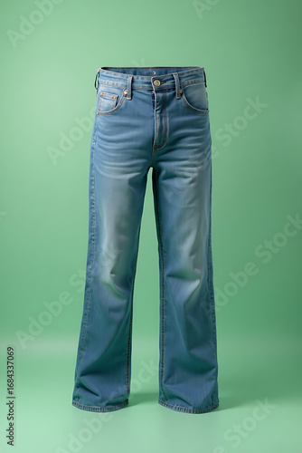 Blue Denim Jeans Standing in Green Studio Background