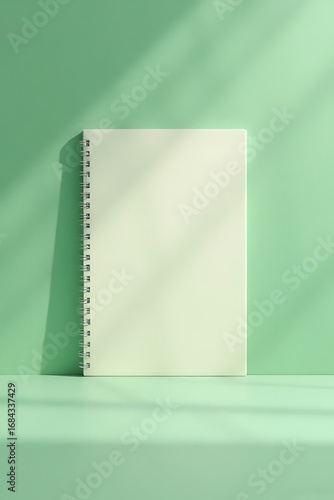 Blank Spiral Notebook on Green Surface with Natural Light Bright and Minimalist