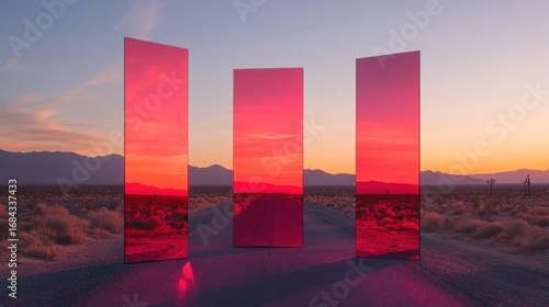 Three Tall Red Glass Panels Reflecting Desert Sunset