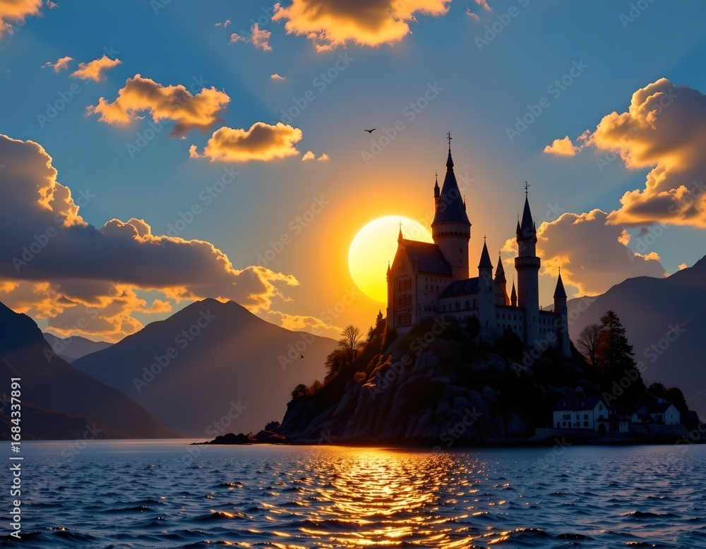 Fototapeta premium Majestic Castle Sunset Over Serene Water