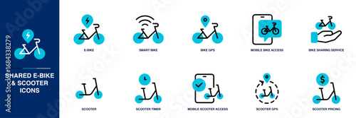 Shared e-bike & Scooter Blue Colored Outline Icon Set