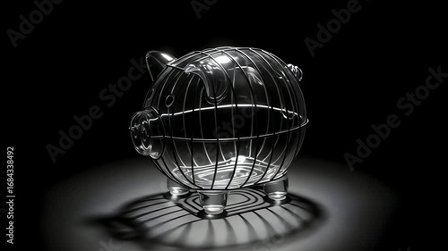Transparent piggy bank inside a cage on a dark background