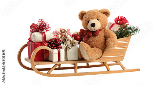 Teddy bear in a wooden sleigh with christmas gifts isolated on transparent background.