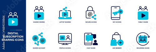 Digital Subscription Sharing Blue Colored Outline Icon Set