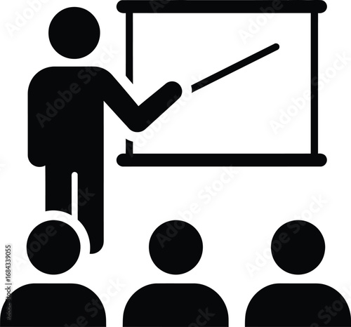 People attending presentation with teacher at whiteboard vector