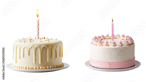 Two birthday cakes with lit candles, one with white icing and gold drips, other with pink frosting and sprinkles
