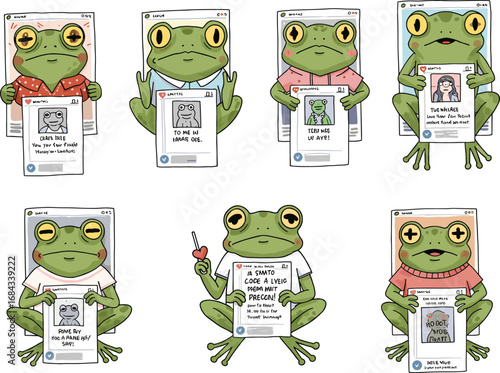 Funny cartoon frogs in social media dating profiles, holding signs with humorous bios, cute amphibians in modern online dating scenes