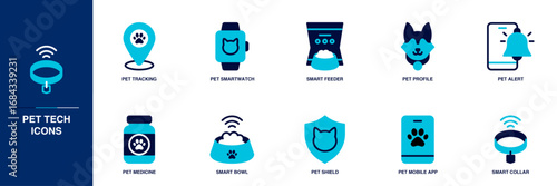 Pet Tech Blue Colored Outline Icon Set