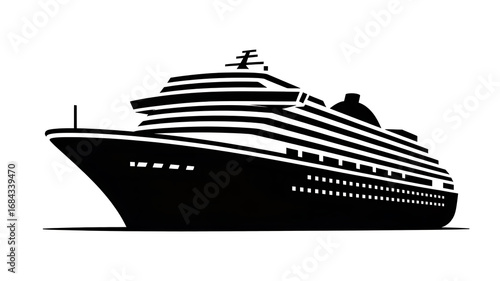 Cruise ship vector illustration, black and white silhouette of a large passenger liner, ocean liner, maritime travel, sea vessel, water transportation icon