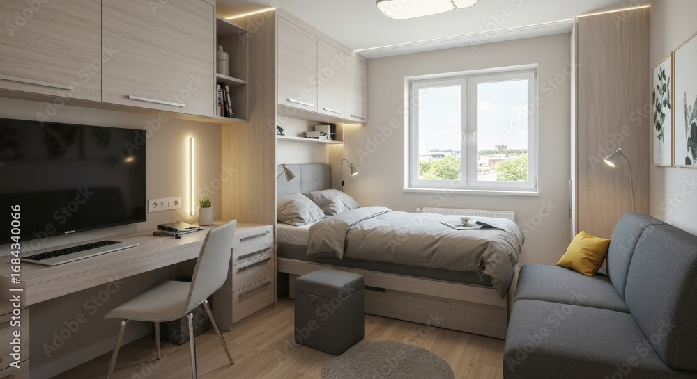 Fototapeta premium Modern Bedroom Interior Design with Desk Bed and Window.