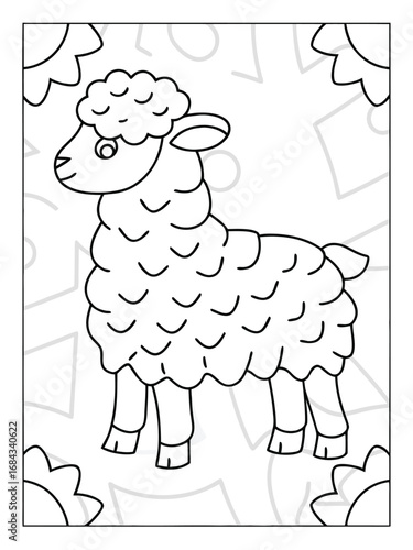 Outline drawing of a fluffy sheep with geometric shapes for coloring page lamb