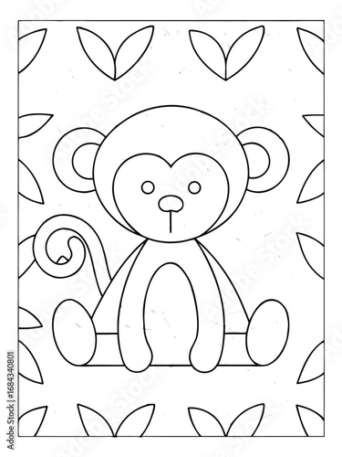 Outline drawing of a seated monkey with a curled tail and a background of leaves illustration animal