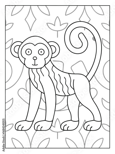 Outline drawing of a walking monkey with stripes on its body and a leafy background pattern illustration