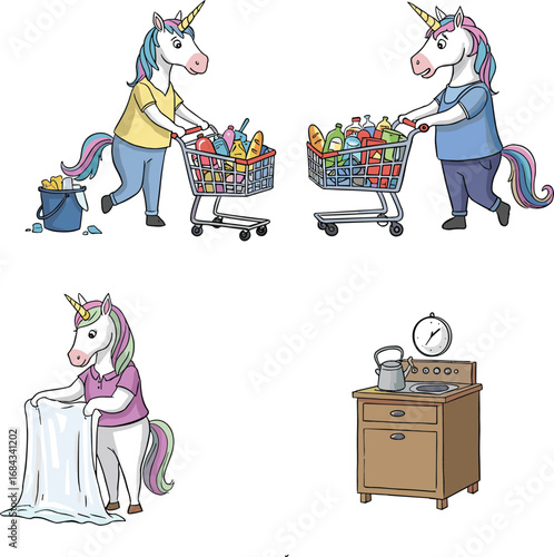 Cartoon unicorns doing daily chores, shopping groceries, folding laundry, cleaning, cooking at home, cute magical creatures in everyday activities