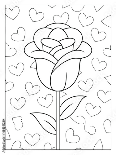 Outline Rose with Hearts Background Coloring Page flower