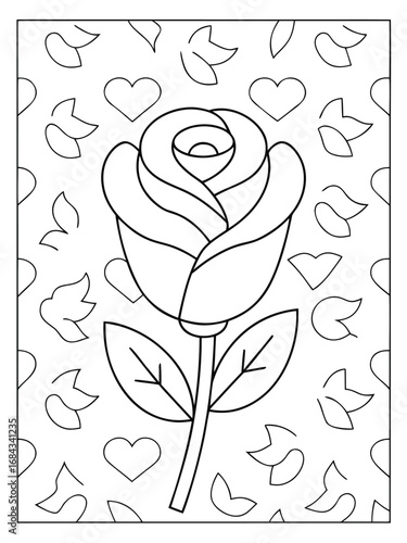 Outline Rose with Hearts and Petals Coloring Page vector illustration