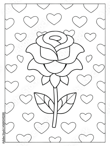 Outline Rose with Many Hearts Coloring Page flower