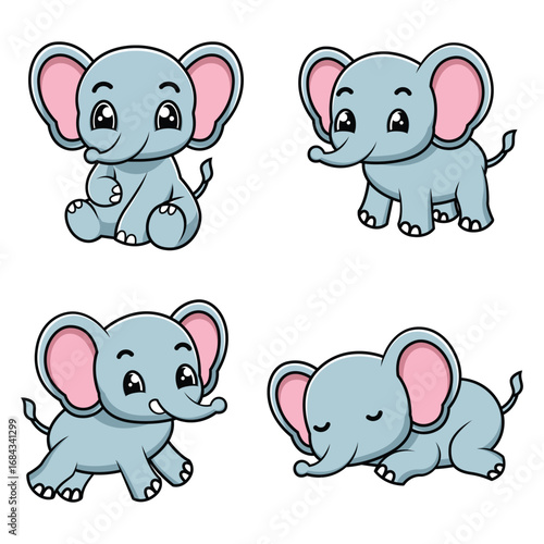 Set of Elephant Sitting Standing Running and Sleeping Cute Character Vector Illustration