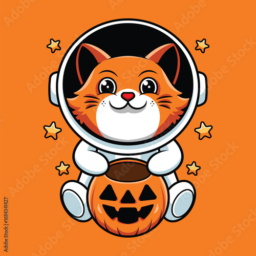 Astronaut Cat Holding Pumpkin Cute Character Vector Illustration