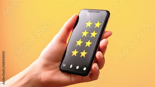 Wallpaper Mural Hand holding smartphone displaying star ratings against a vibrant yellow background, suggesting user feedback Torontodigital.ca