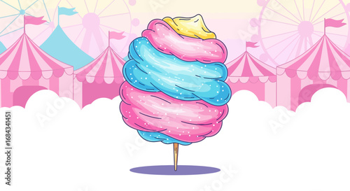 A whimsical illustration of colorful cotton candy in pink, blue, and yellow, set against a backdrop of carnival tents and Ferris wheels.