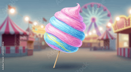 A vibrant illustration of pink, blue, and yellow cotton candy on a stick, set against a blurred carnival or fairground background with tents, lights, and a Ferris wheel.