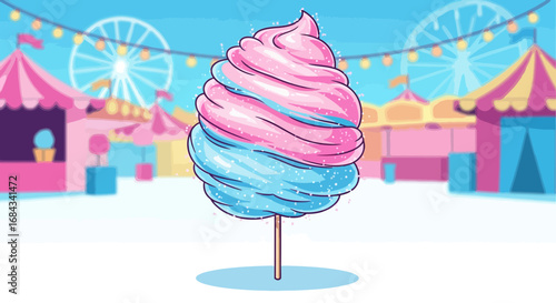 Illustration of a large pink and blue cotton candy on a stick, set against a blurred carnival or fairground background.