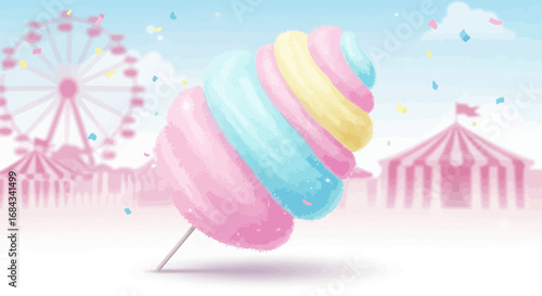 A vibrant, pastel-colored cotton candy on a stick, set against a blurred whimsical carnival background with a Ferris wheel and circus tent.