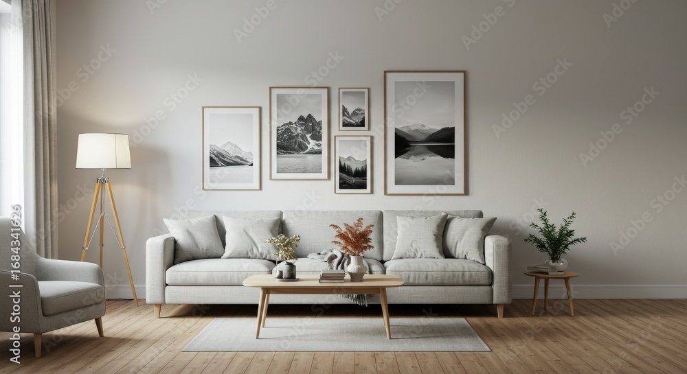 Fototapeta premium Modern Living Room with Mountain Art and Sofa.