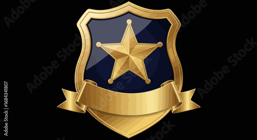 A shiny gold and blue shield badge with a prominent five-pointed star and a blank banner for text.