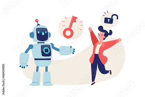 businesswoman receiving key to unlock idea from AI robot