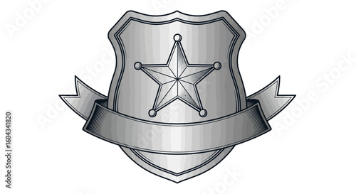 A silver metallic police or sheriff shield badge featuring a five-pointed star and a blank banner.