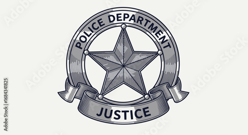 A silver police department badge with a central star and a banner reading 'Justice'.