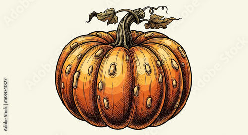 Stylized illustration of a textured orange pumpkin with a brown stem and small green leaves.