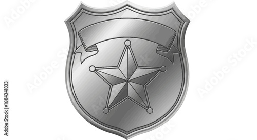 A silver sheriff's badge with a five-pointed star and a blank banner for customization, symbolizing authority and law enforcement.