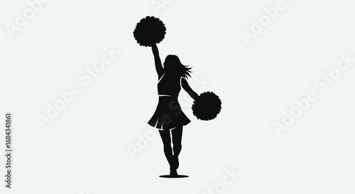 Black silhouette of a cheerleader in a dynamic pose, holding pom-poms aloft.