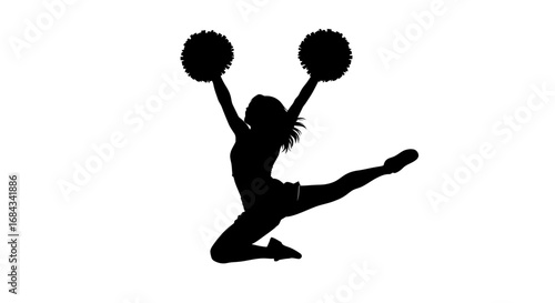 Silhouette of a cheerleader performing a dynamic leap, pom-poms aloft.