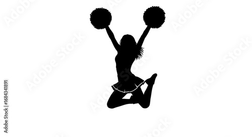 Silhouette of a cheerleader mid-jump, pom-poms raised high, energetic pose.