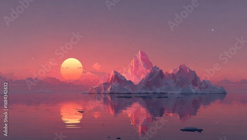 Low-poly iceberg at sunset, reflected in calm water
