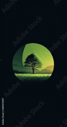 Solitary tree in a circular, green field at sunset