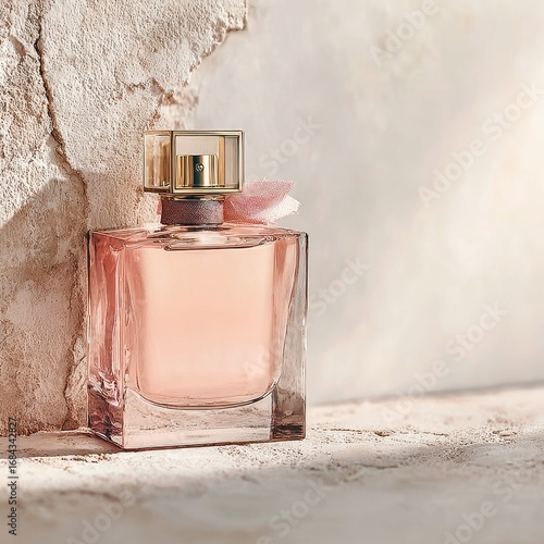 A square glass perfume bottle with a pale pink fragrance sits against a textured beige wall
