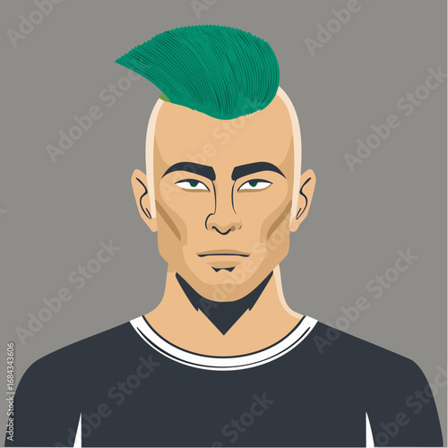 jamaican gentleman with emerald mohawk minimalist monochrome ensemble and geometric tattoo accents in vector flat portrait