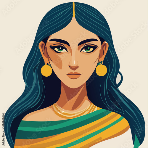 youthful turkish style vibrancy in mustard purple color-blocked layers oversized earrings velvet heels vector portrait