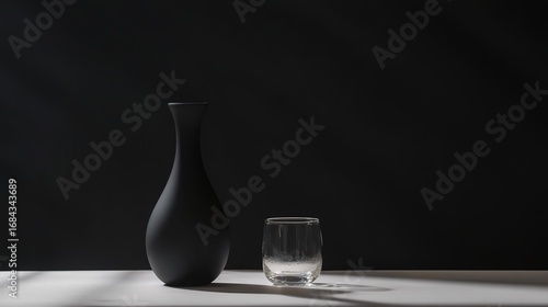 Black vase and transparent glass on white table against black background, minimalist and artistic still life with light and shadow interplay.
