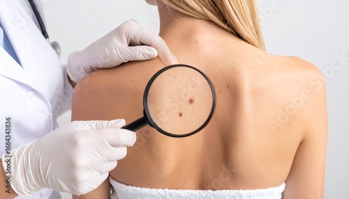 Doctor examining woman's back moles with magnifying glass for skin cancer check up in dermatology clinic.