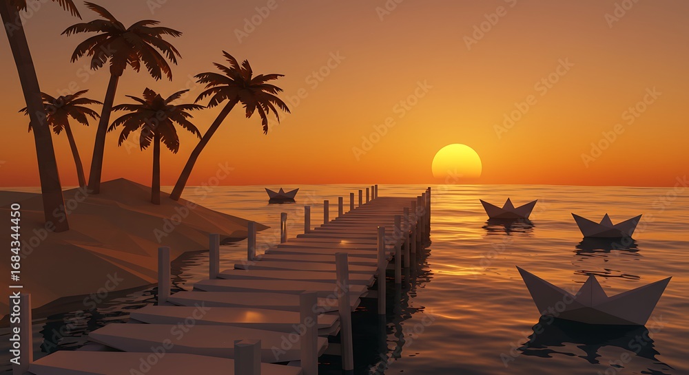 Naklejka premium Tropical Island with Pier and Paper Boats at Sunset