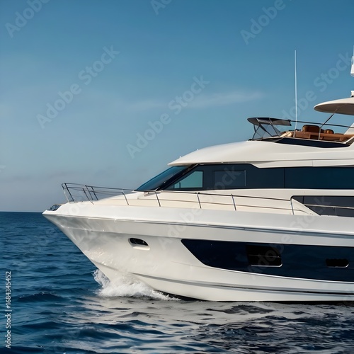 Minimalist side profile of a motor yacht on deep blue open ocean with gentle waves under a clean light blue sky, high-detail, no people,Generative Ai
