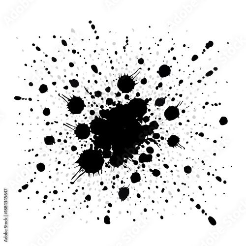 Dynamic black ink splatter with a central point of explosion and scattered drops.