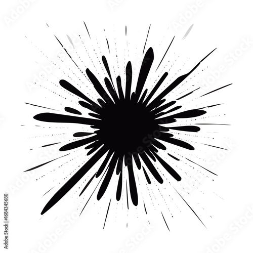 A spiky black ink splatter with sharp rays extending outward, resembling a sunburst.