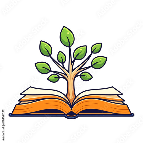 Illustration of a tree growing out of an open book, symbolizing knowledge and growth